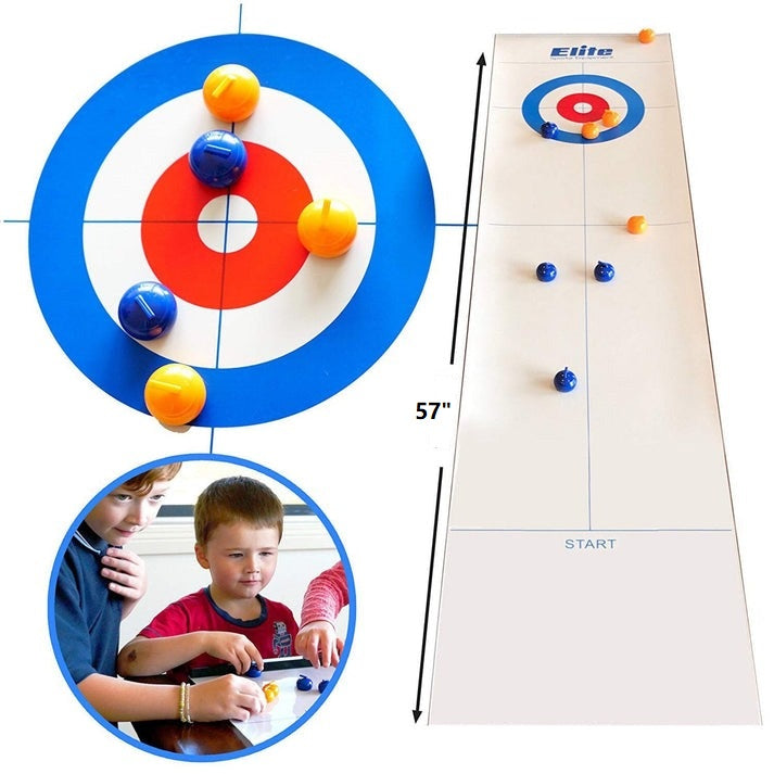 Overhead view of Tabletop Curling Game in play, stones strategically placed near the house, exciting indoor entertainment.