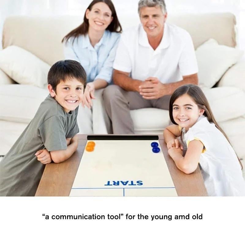 Family playing Tabletop Curling Game, laughing & strategizing on a wooden table. Fun indoor entertainment for all ages.