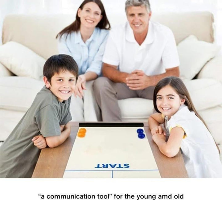 Family playing Tabletop Curling Game, laughing & strategizing on a wooden table. Fun indoor entertainment for all ages.