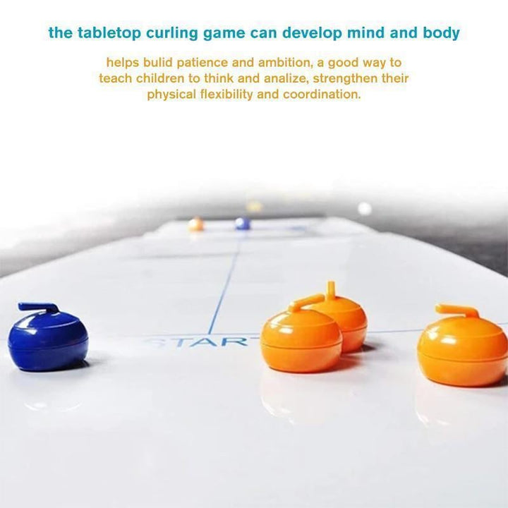 Friends enjoying a lively game of Portable Tabletop Curling, a fun party game for casual indoor gatherings.