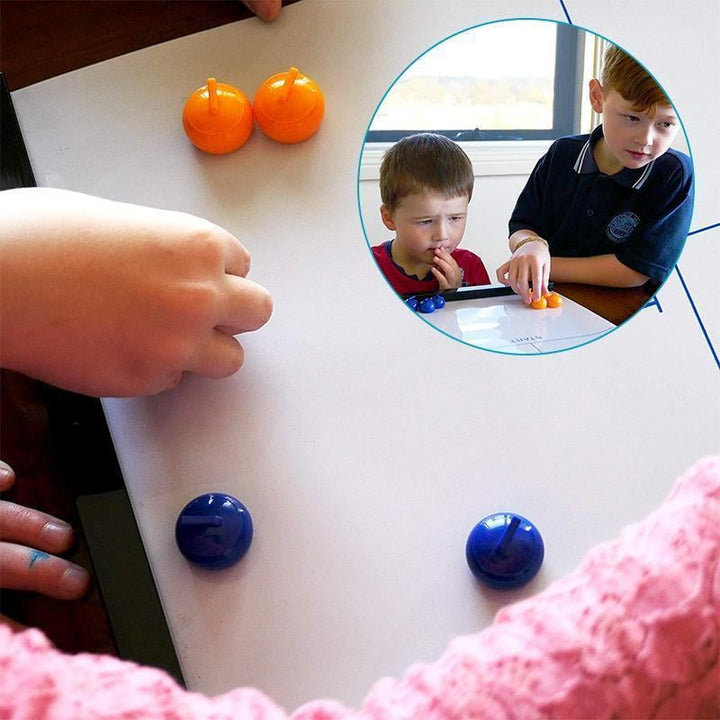Compact Tabletop Curling Game rolled up for easy storage or travel, a portable board game gift idea.