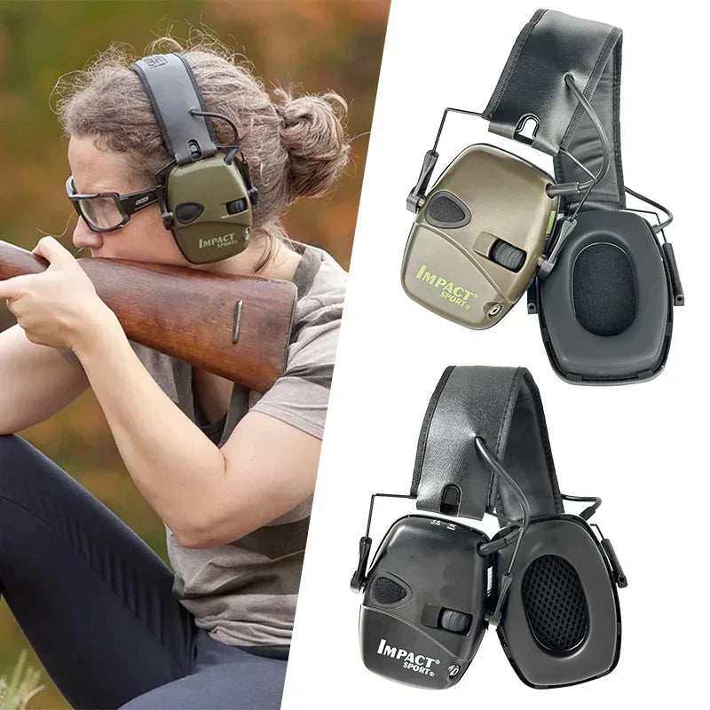 Safety gear: tactical ear muffs with noise reduction for shooting, hunting, and outdoor activities.