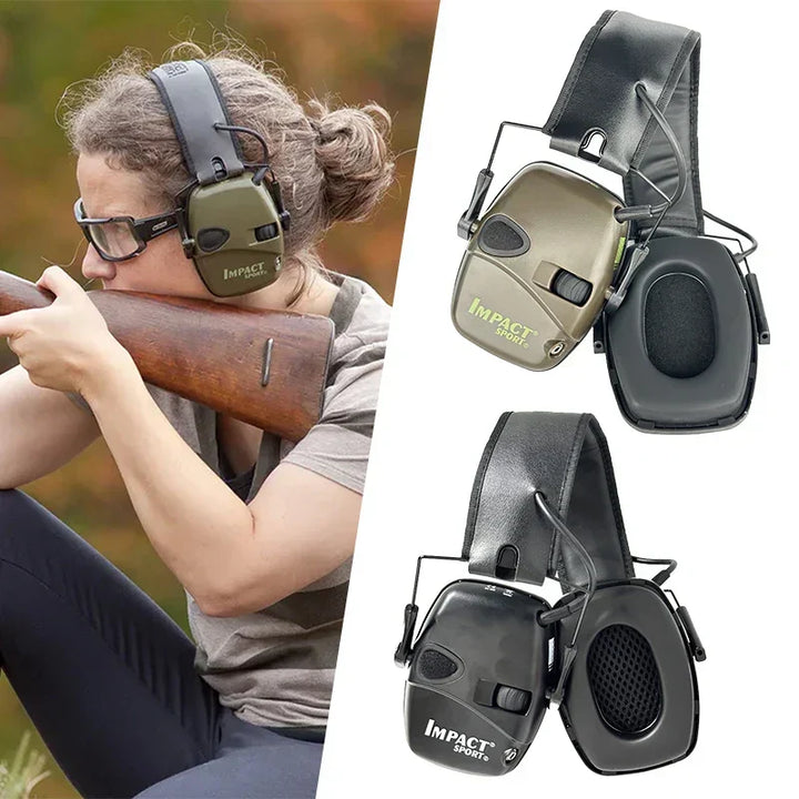 Safety gear: tactical ear muffs with noise reduction for shooting, hunting, and outdoor activities.