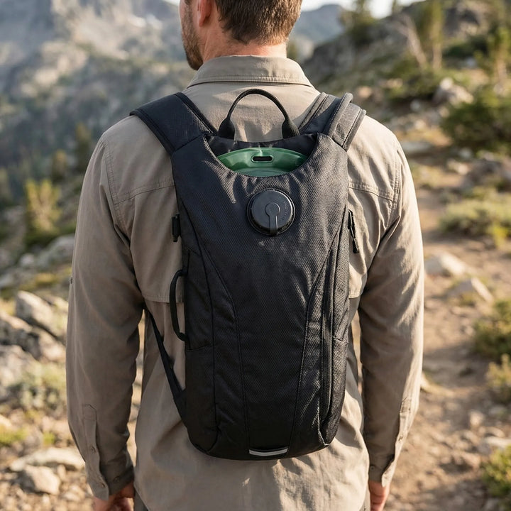 Unisex tactical hydration pack with 3L water bladder for hiking, cycling & outdoor sports. Durable & comfortable design.