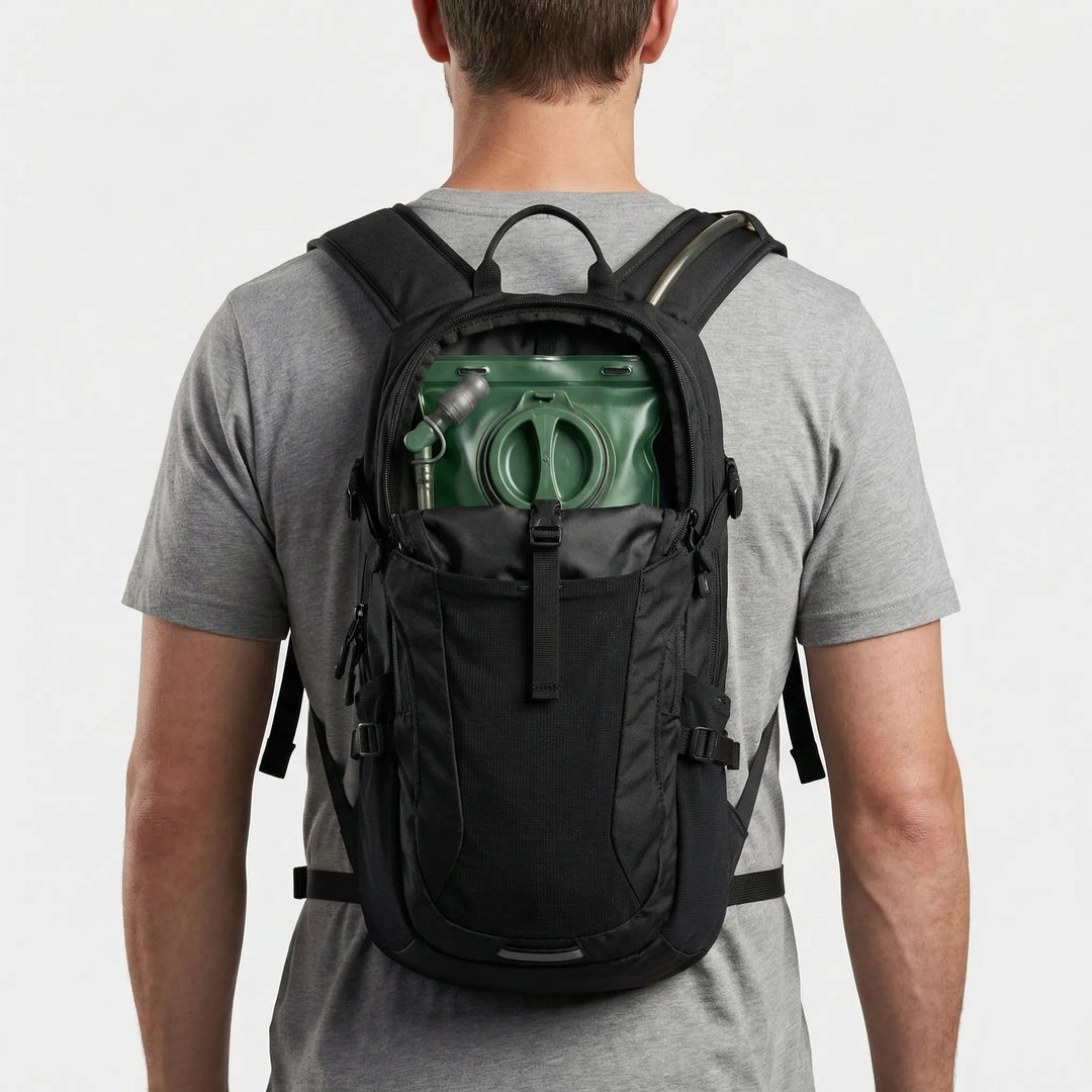 Rugged tactical backpack and hydration pack, perfect for camping, hiking, and outdoor adventures with 3L water bladder.