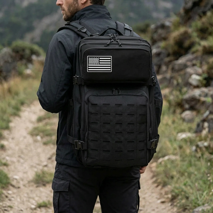 Unisex Tactical MOLLE Backpack, durable high-capacity travel pack for hiking & outdoor adventure.