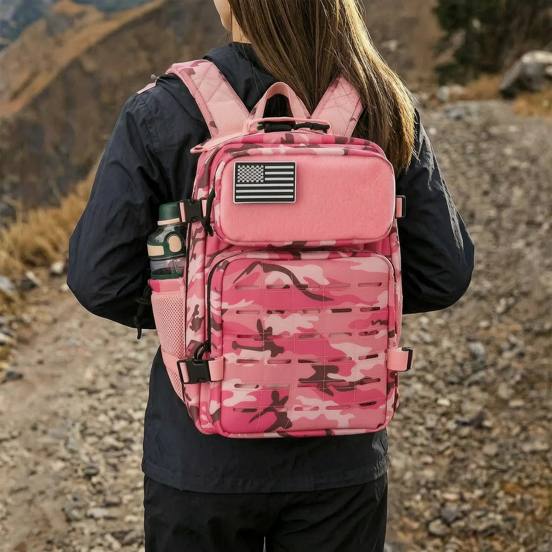 Unisex tactical MOLLE backpack with laser-cut webbing, ideal for hiking, outdoor travel, and everyday carry.