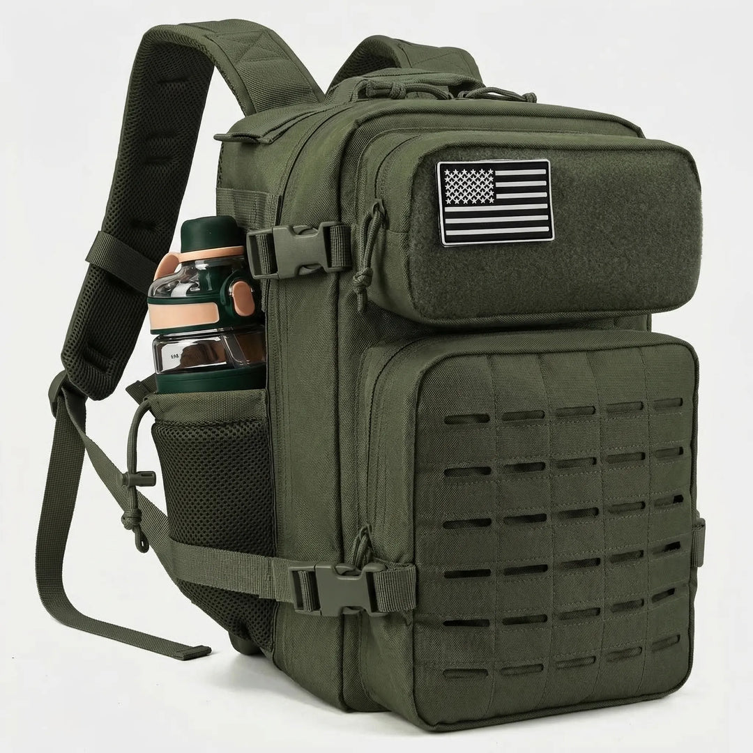 Rugged unisex tactical backpack for outdoor travel, featuring laser-cut MOLLE for versatile gear attachment.