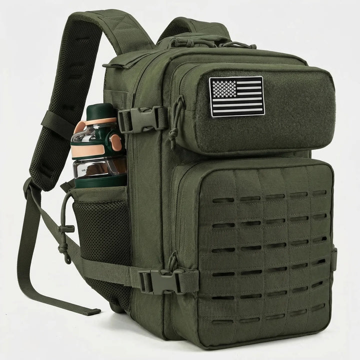 Rugged unisex tactical backpack for outdoor travel, featuring laser-cut MOLLE for versatile gear attachment.