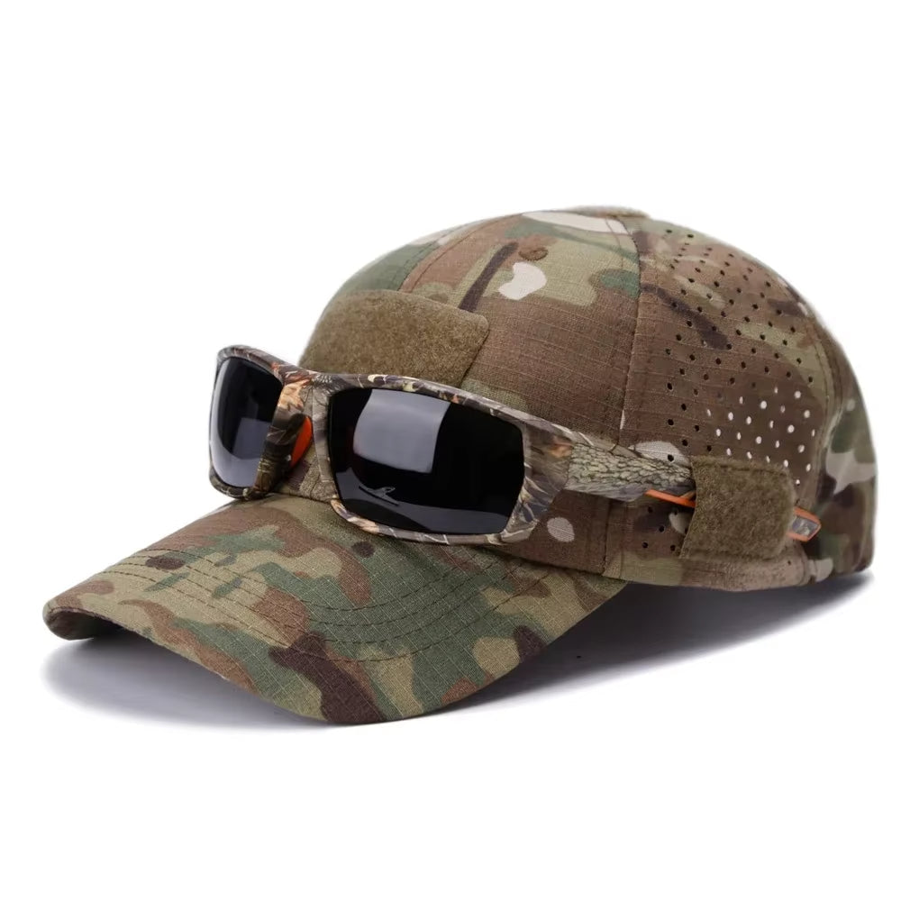 Unisex tactical sporting cap with a convenient sunglasses slot, ideal for outdoor adventures.