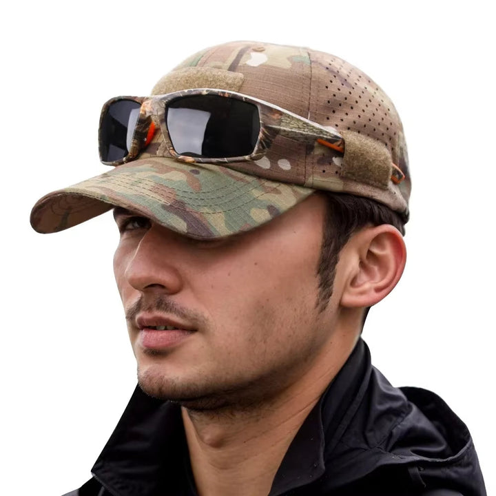 Durable ripstop camo tactical cap for sun protection, perfect for hiking and military-style outdoor gear.
