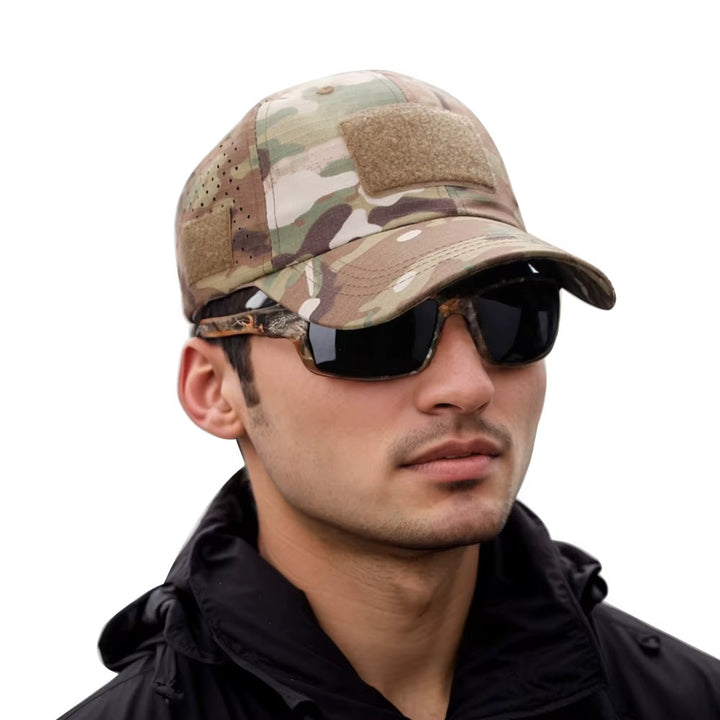 Ventilated unisex adventure hat with sunglasses slot, offering sun protection for hiking and sports.