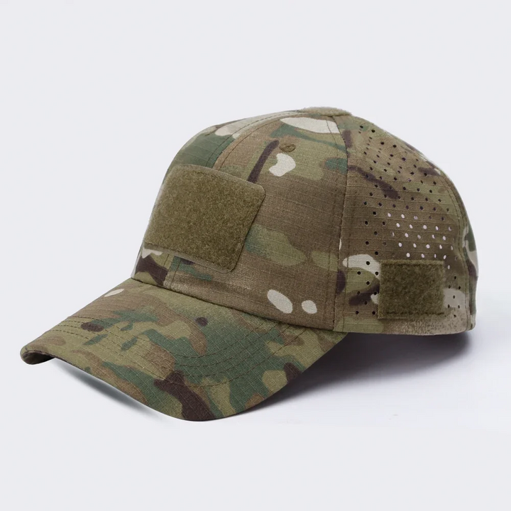 Military-style tactical sporting cap with ripstop fabric & sunglasses slot, offering durable sun protection.