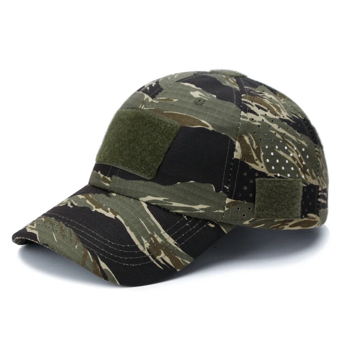 Camo tactical cap, unisex design, durable ripstop with sunglasses slot for outdoor adventures & hiking.