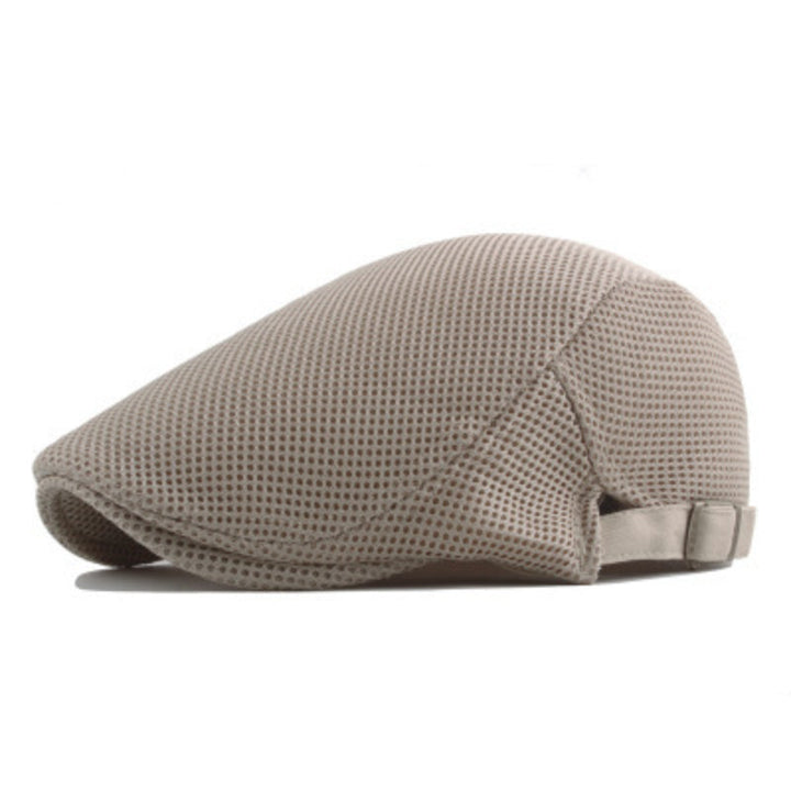 Travel-friendly lightweight flat cap, neutral polyester, breathable and comfortable for summer adventures.