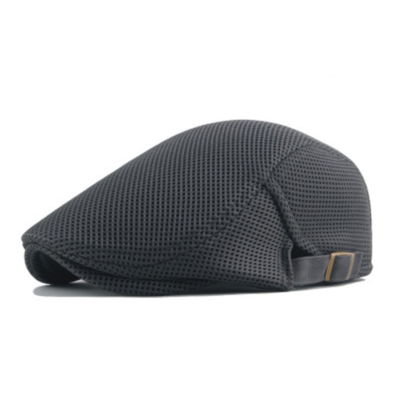 Outdoor shot of a unisex breathable flat cap, neutral color, perfect for summer sun protection.