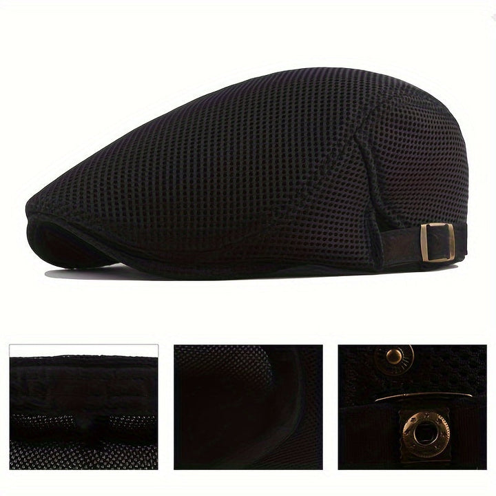 Detail of stitching on a lightweight breathable polyester flat cap, unisex, ideal for summer activities.