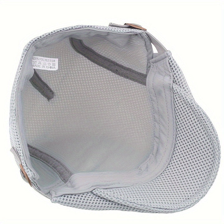 Unisex summer flat cap, neutral tone, emphasizing its breathable lightweight polyester material.