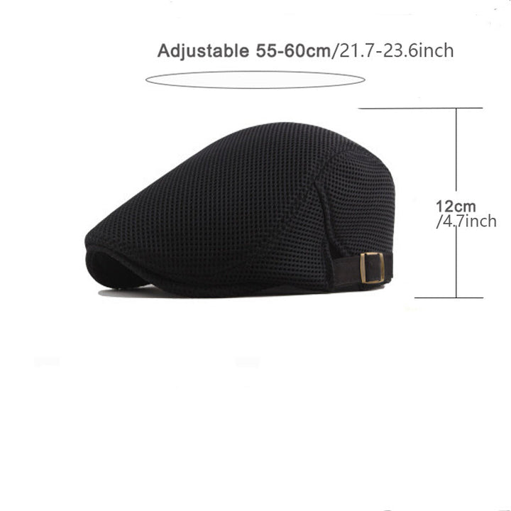 Man wearing a neutral lightweight breathable polyester flat cap, perfect for summer outdoor events.