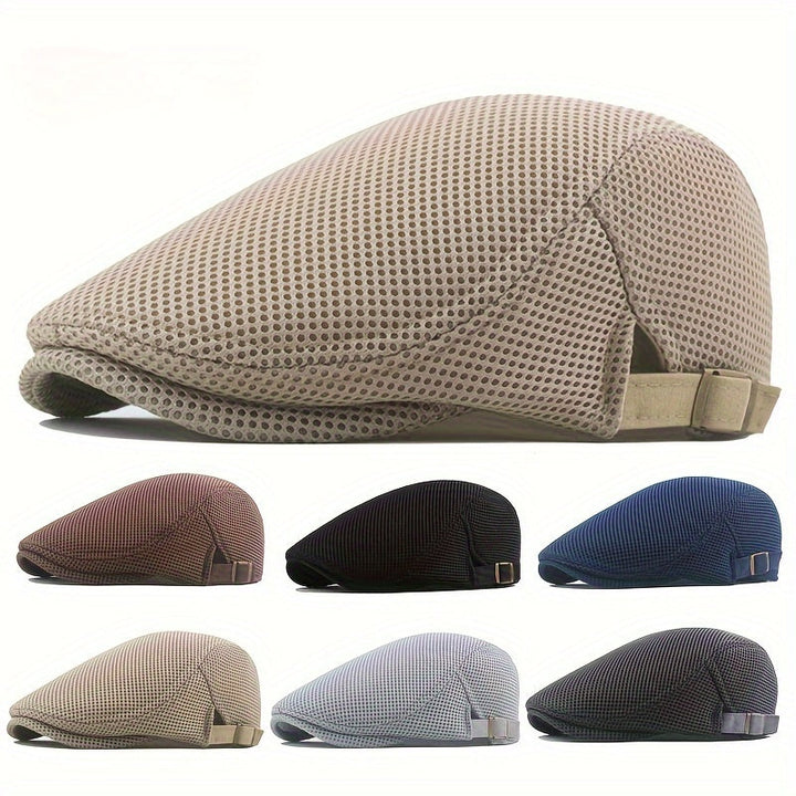 Close-up of lightweight breathable polyester flat cap in neutral color, perfect for summer outdoor wear.