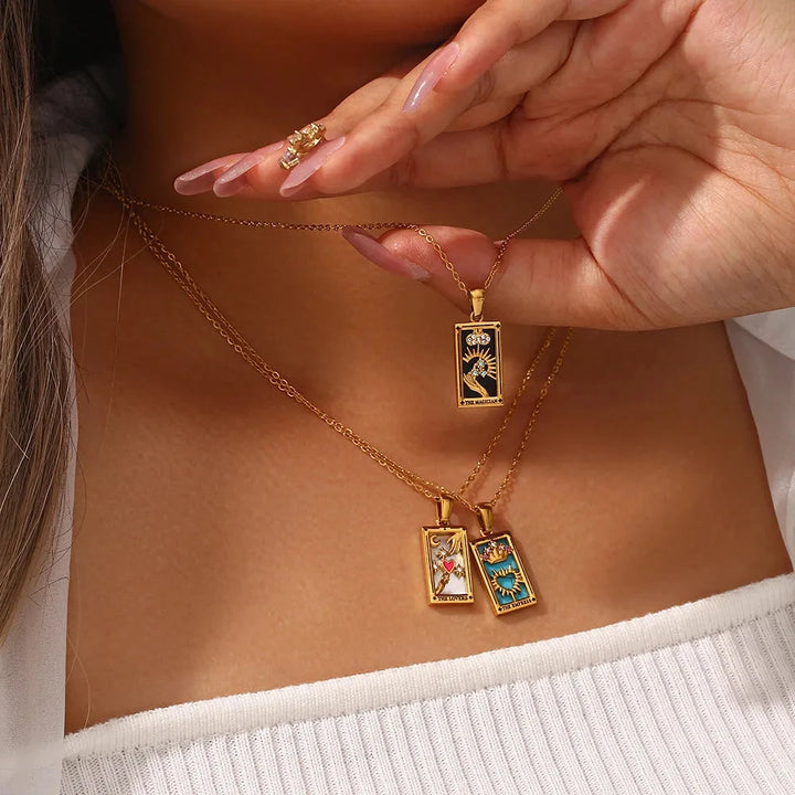Celestial Tarot card pendant necklace, a mystical and symbolic accessory for spiritual journeys.