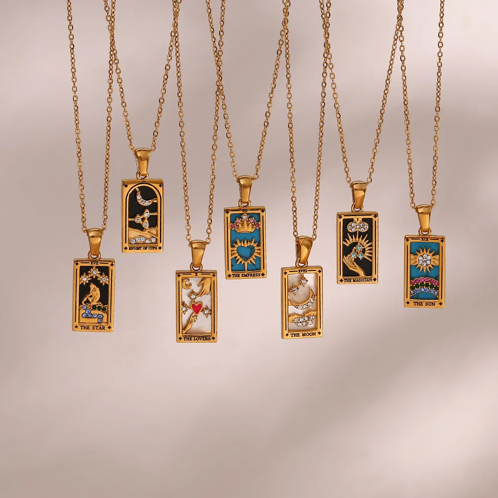 Elegant Tarot card necklace, a spiritual accessory with celestial design. Perfect unisex card jewelry.