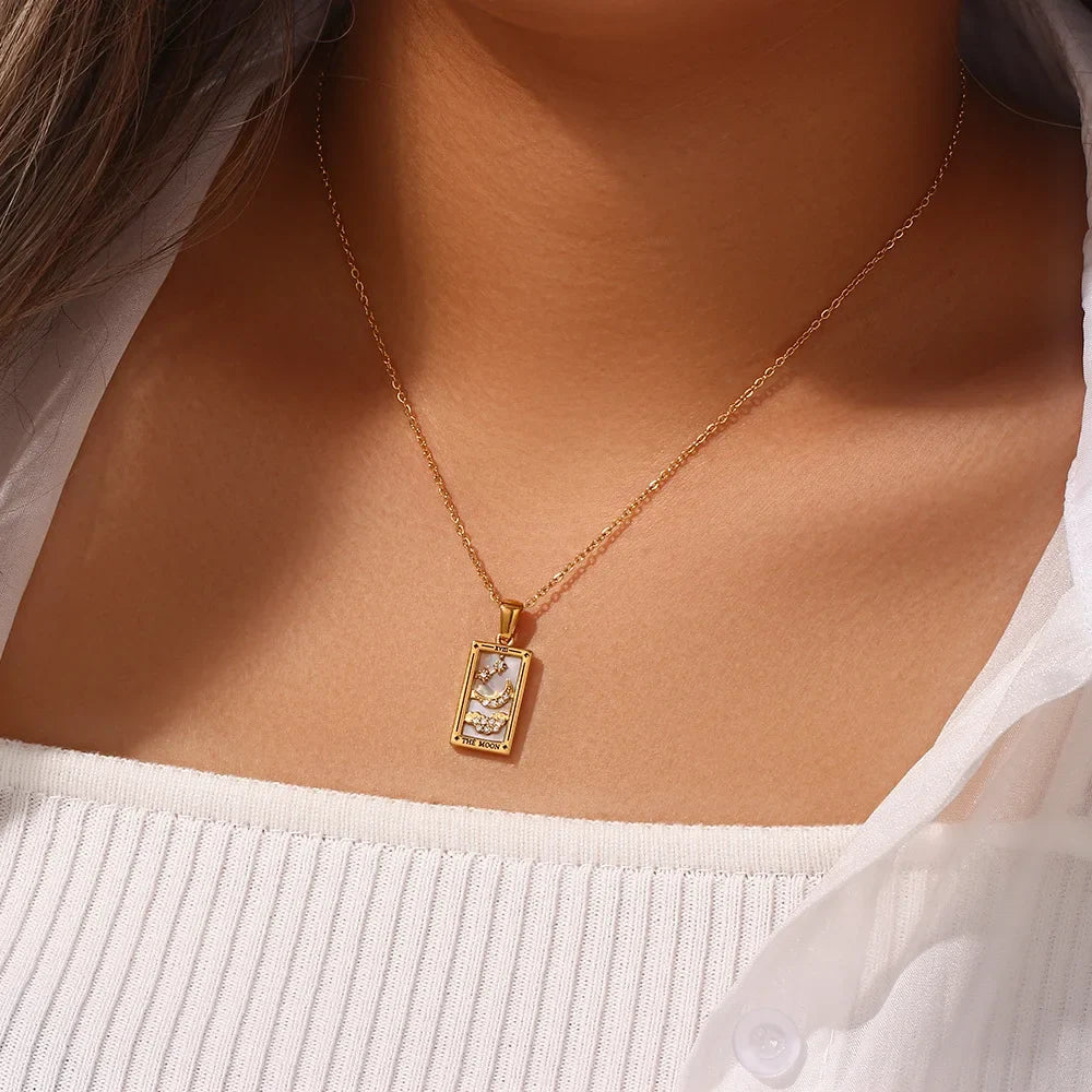 Mystical Tarot card pendant necklace, symbolic unisex jewelry for spiritual wear. Hypoallergenic.