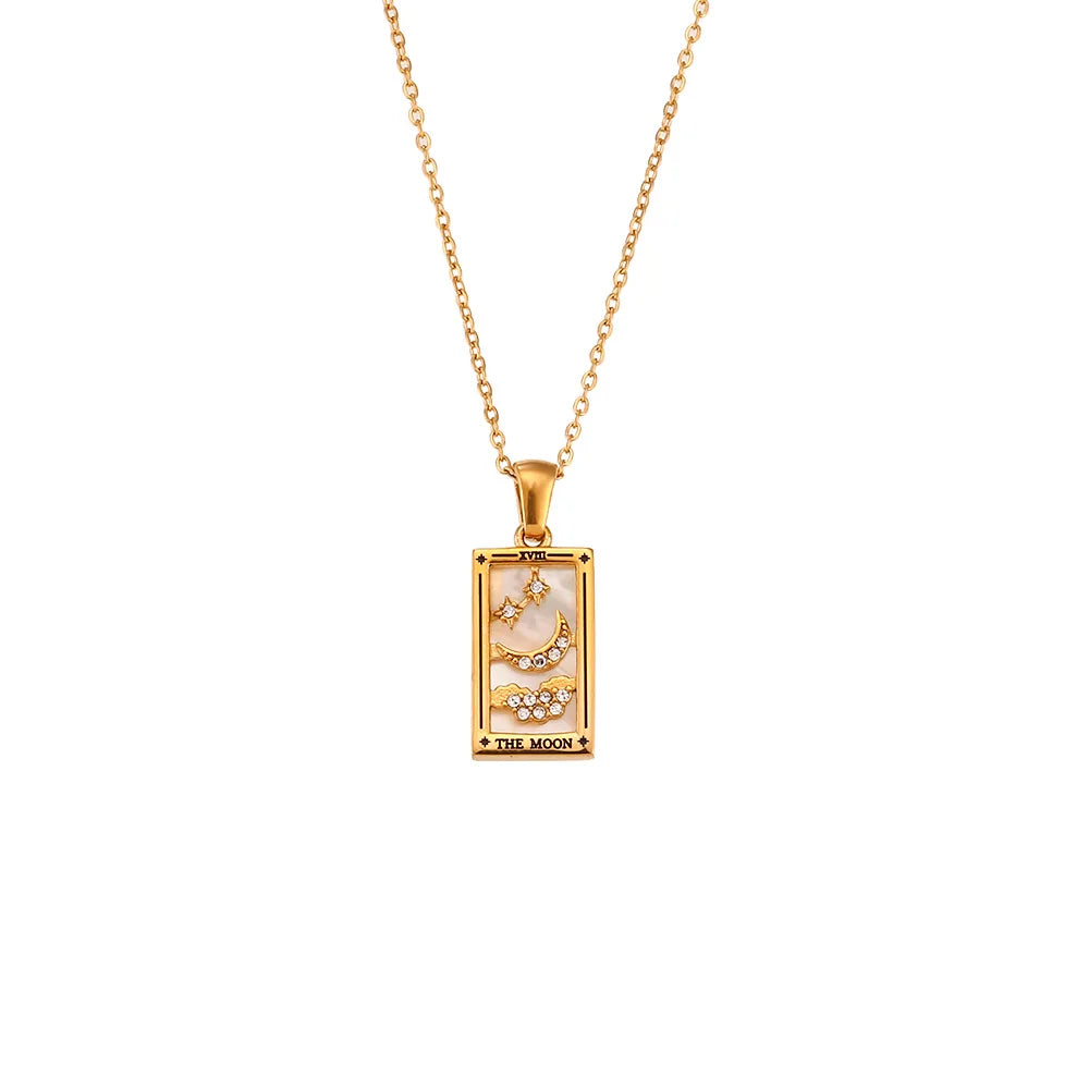 Close-up of a detailed Tarot card pendant, a unique mystical and spiritual jewelry piece.