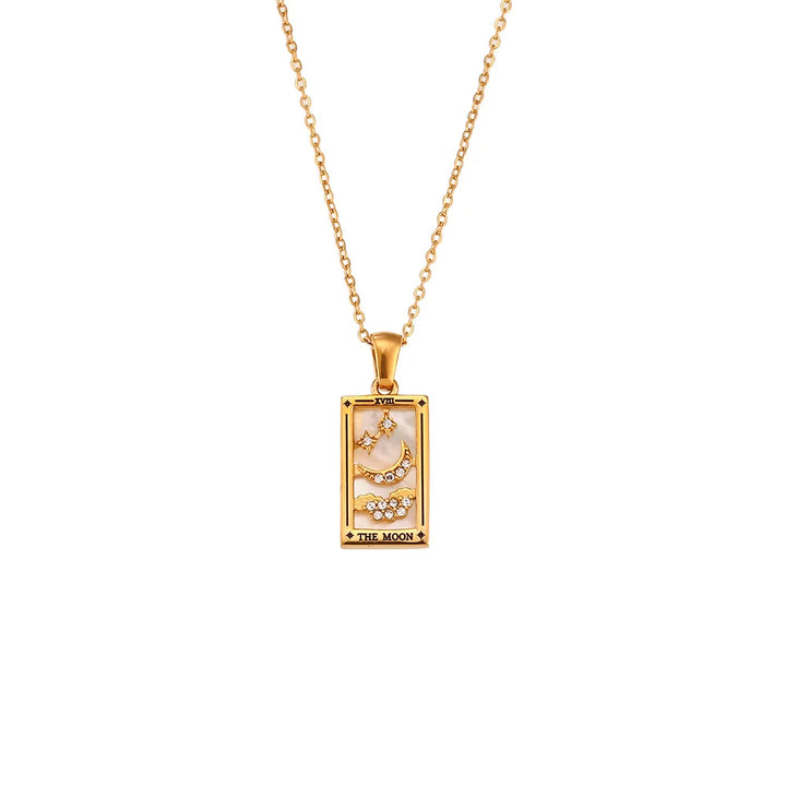 Close-up of a detailed Tarot card pendant, a unique mystical and spiritual jewelry piece.