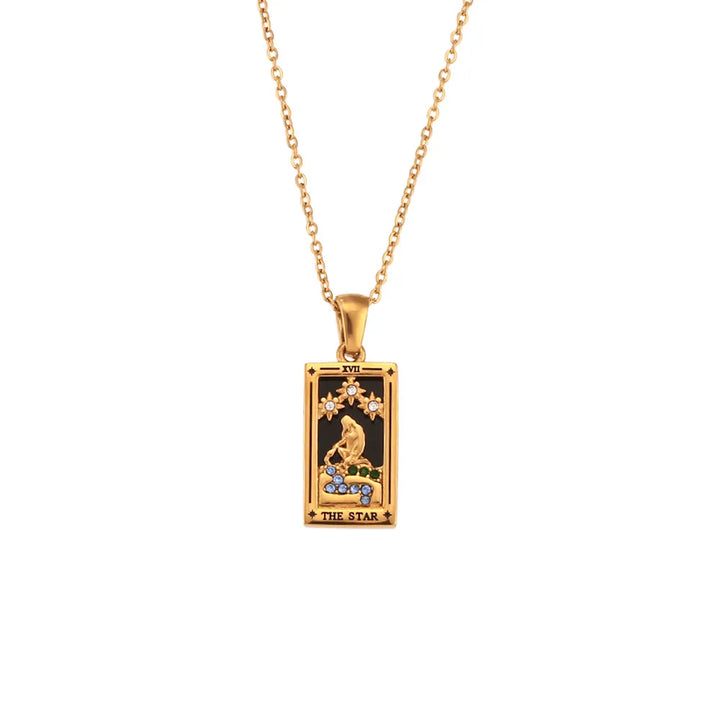 Model wearing a unisex Tarot card pendant necklace, showcasing its spiritual elegance & mystic charm.