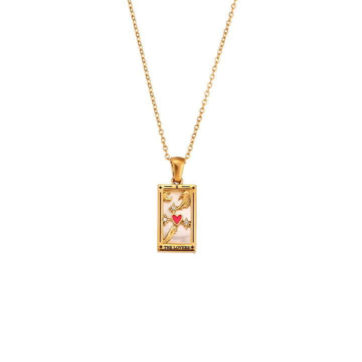 Artistic shot of a Tarot card necklace, emphasizing its mystical & symbolic design. Spiritual accessory.
