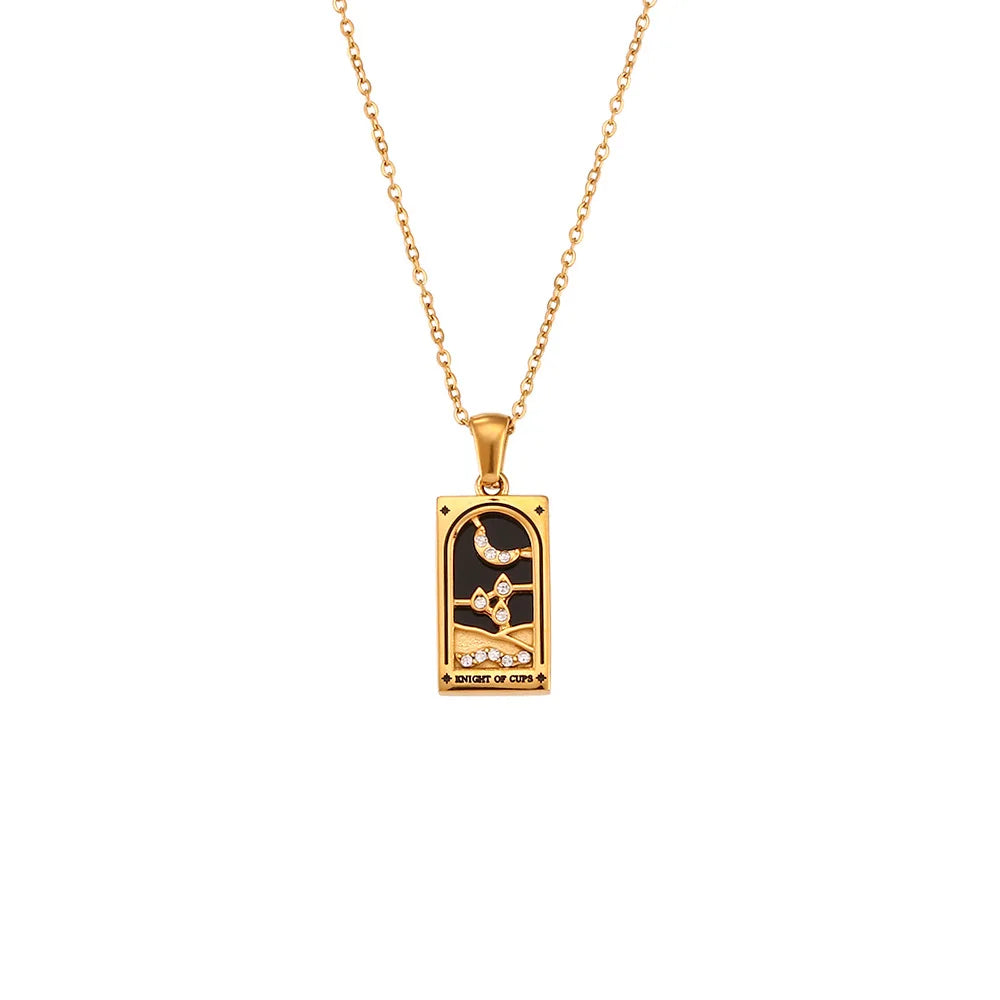 Tarot card pendant necklace with adjustable chain, hypoallergenic & mystical for all genders.