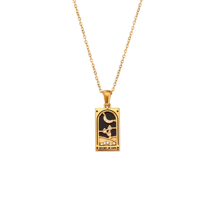 Tarot card pendant necklace with adjustable chain, hypoallergenic & mystical for all genders.