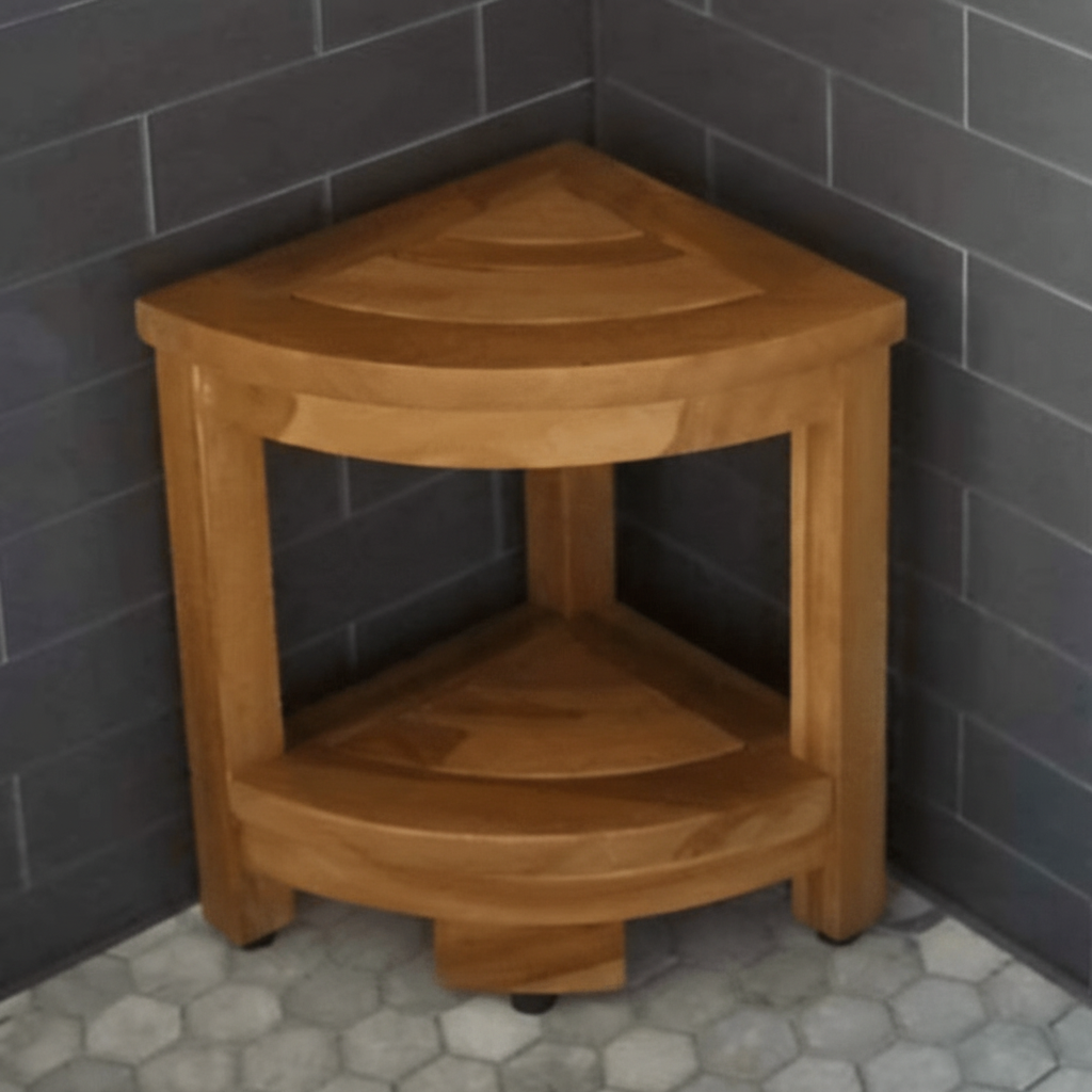 Compact teak shower seat, water resistant, corner bathroom stool for spa-like shower experience, non-slip