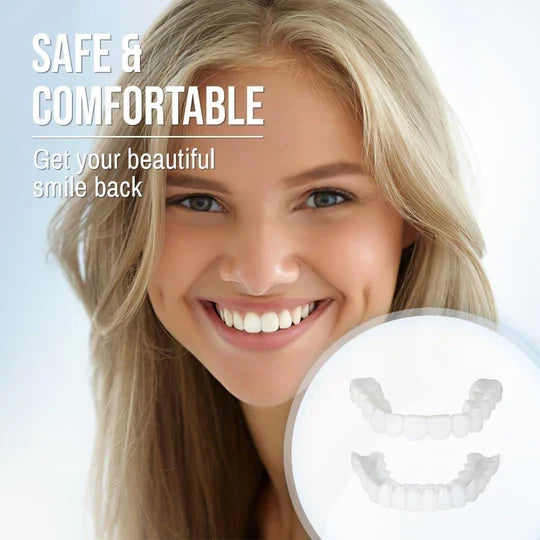 Person smiling confidently with unisex temporary clip-on veneers for an instant, enhanced and brighter smile.