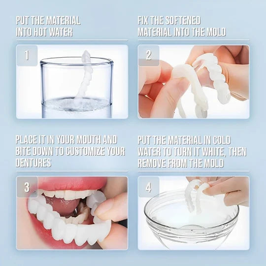 High-quality temporary clip-on veneers designed for a natural, instant smile enhancement. Unisex cosmetic teeth.