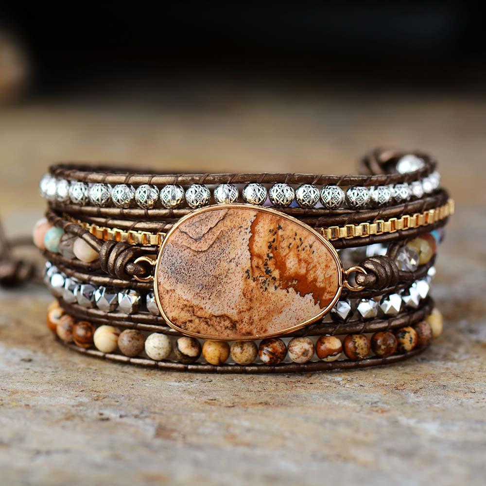 Unisex Terran Harmony wrap bracelet with natural jasper & quartz stones on leather, boho healing crystal jewelry
