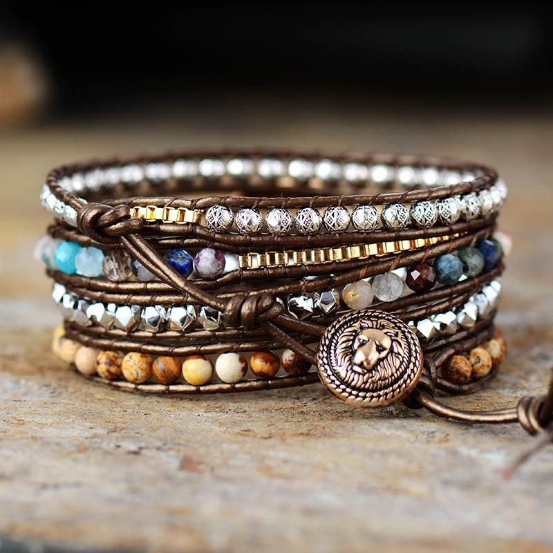 Boho unisex wrap bracelet featuring earthy tones of jasper and clear quartz crystals on real leather