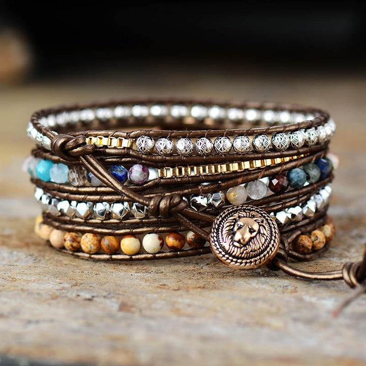 Boho unisex wrap bracelet featuring earthy tones of jasper and clear quartz crystals on real leather