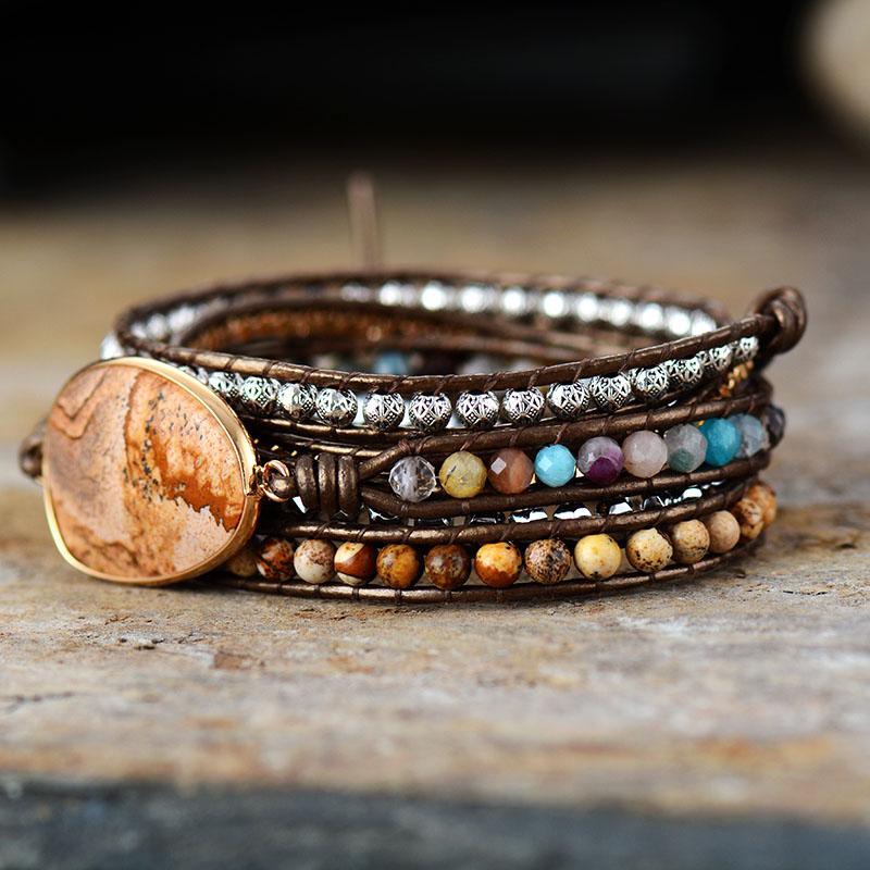 Natural healing stone wrap bracelet, Terran Harmony, for men & women, with jasper, quartz beads & leather