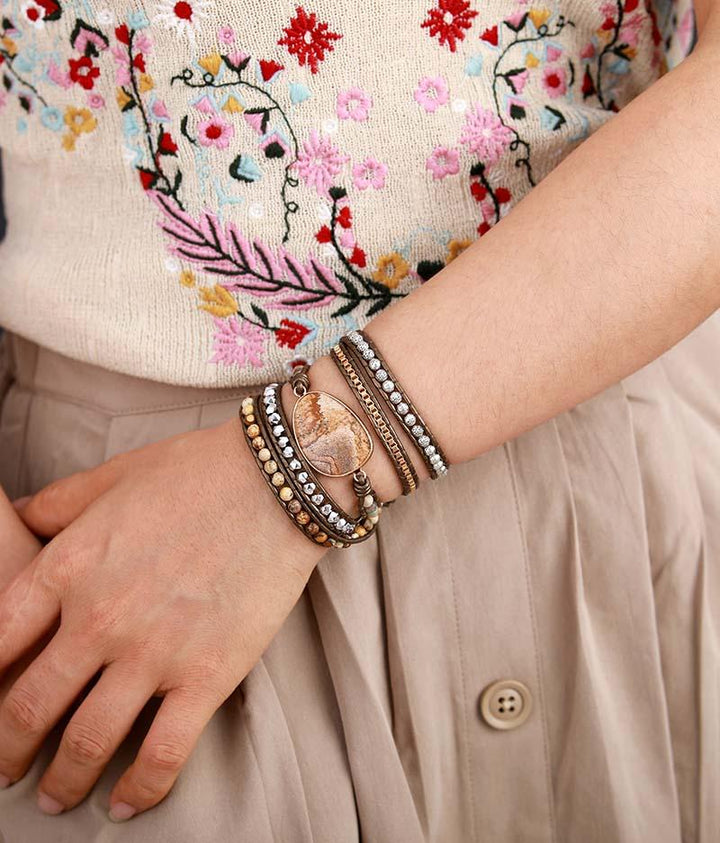 Unisex natural stone wrap bracelet, Terran Harmony, combining jasper, quartz, and leather for a boho look