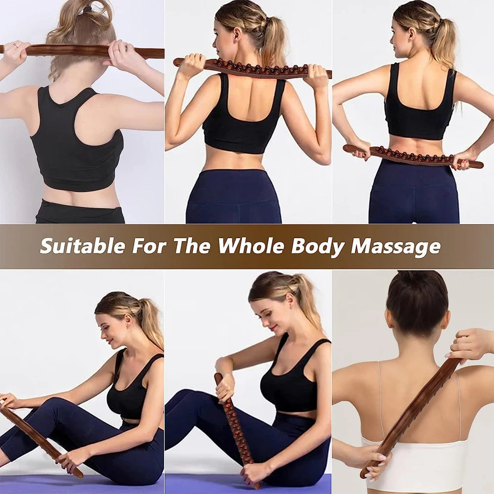 Smooth natural wood TheraWood gua sha stick for relaxing body therapy & self-care. Ergonomic massage tool.