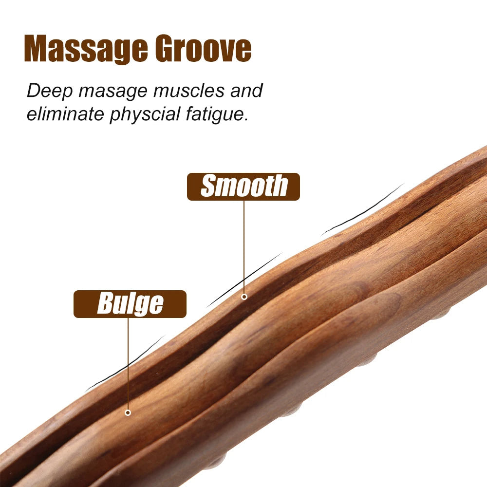 Ergonomic natural wood gua sha stick, TheraWood massager for targeted muscle relief & lymphatic drainage.