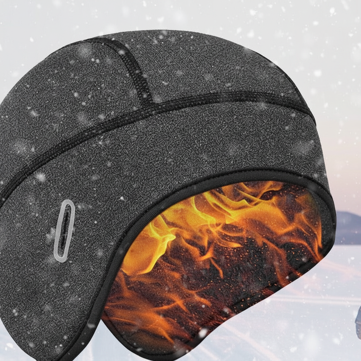 Black stretch fleece helmet liner beanie, seamless design for cycling, skiing, motorcycling