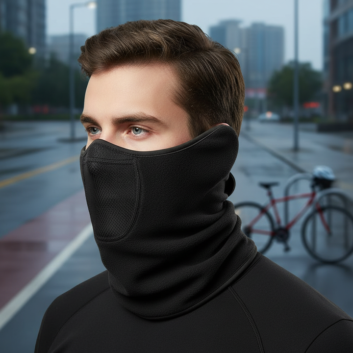 Close-up of black fleece thermal mask covering neck and face, essential winter gear