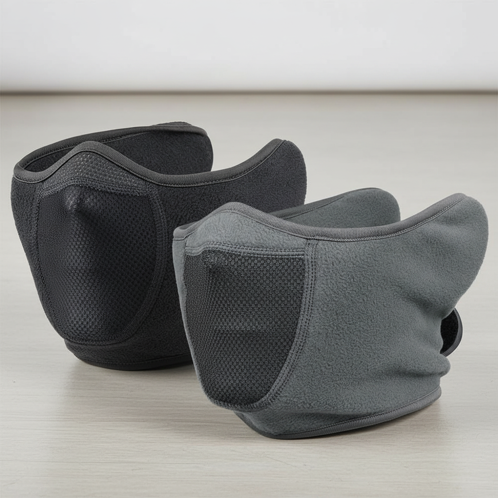 Model wearing black thermal face mask, fleece neck gaiter, ideal for winter sports