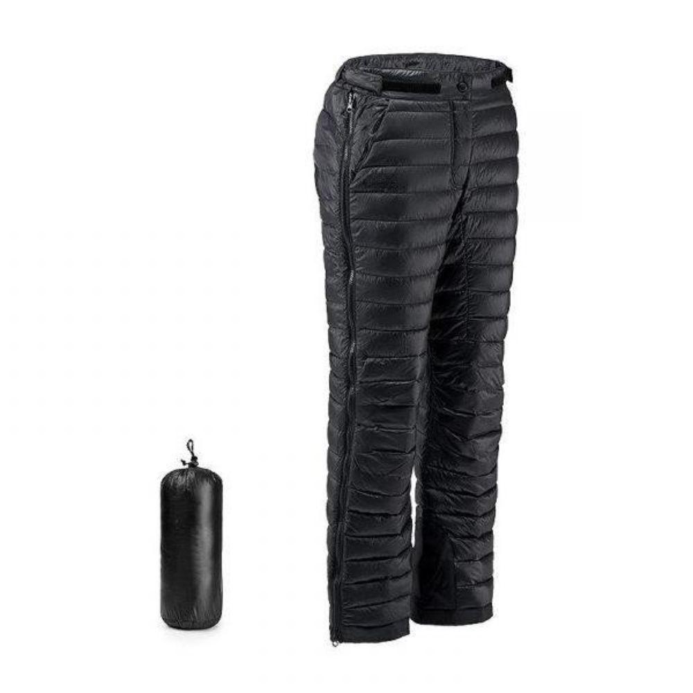 Unisex thermal goose down pants with zippers, perfect for winter camping, skiing & cold weather hiking.