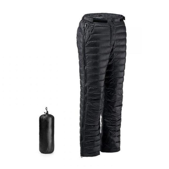 Unisex thermal goose down pants with zippers, perfect for winter camping, skiing & cold weather hiking.