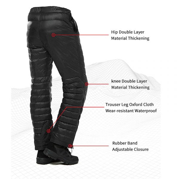 Thermal zipper trousers, unisex design for winter camping, hiking & skiing; ultimate cold weather protection.