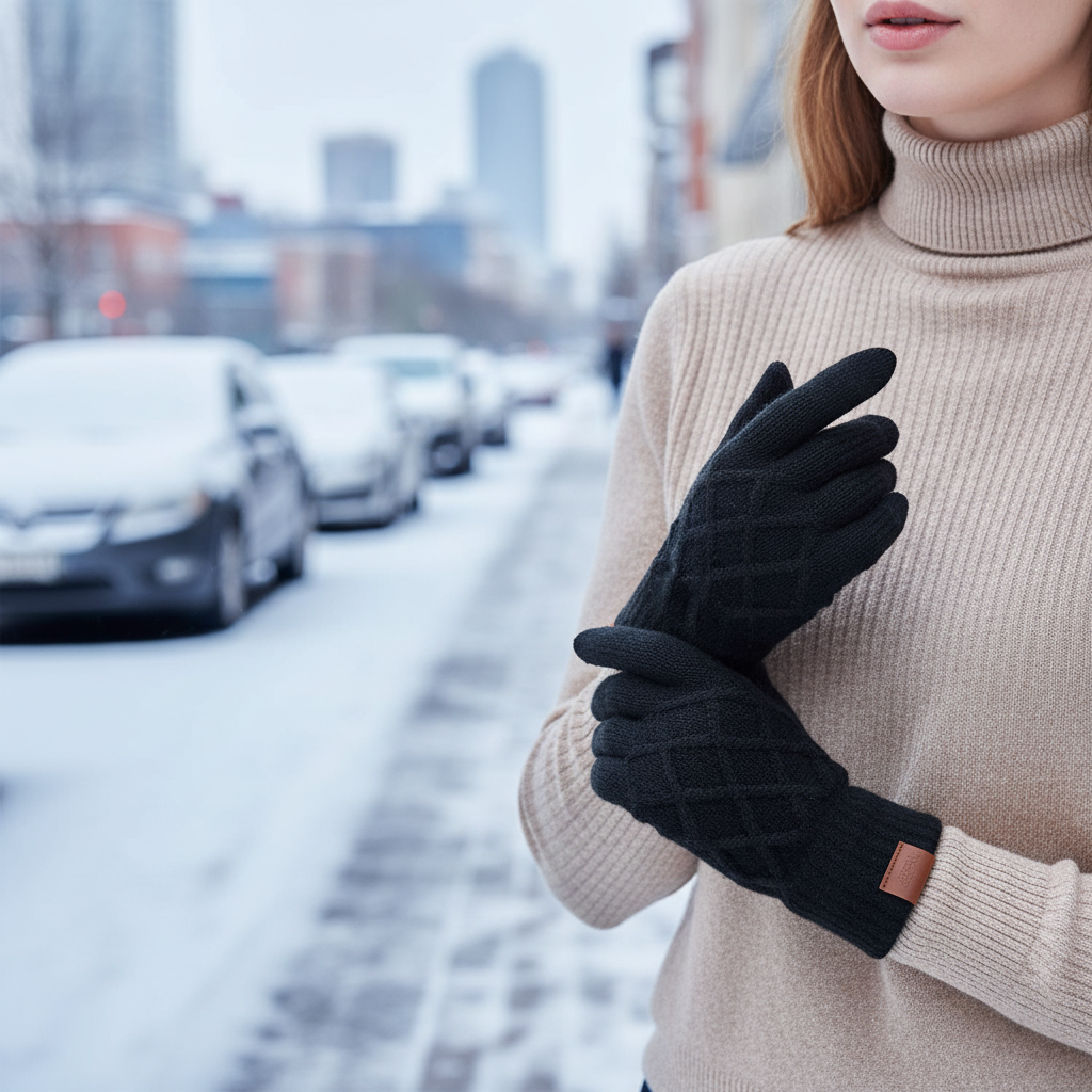 Unisex thermal knitted touchscreen gloves, black, pair of two for cold weather